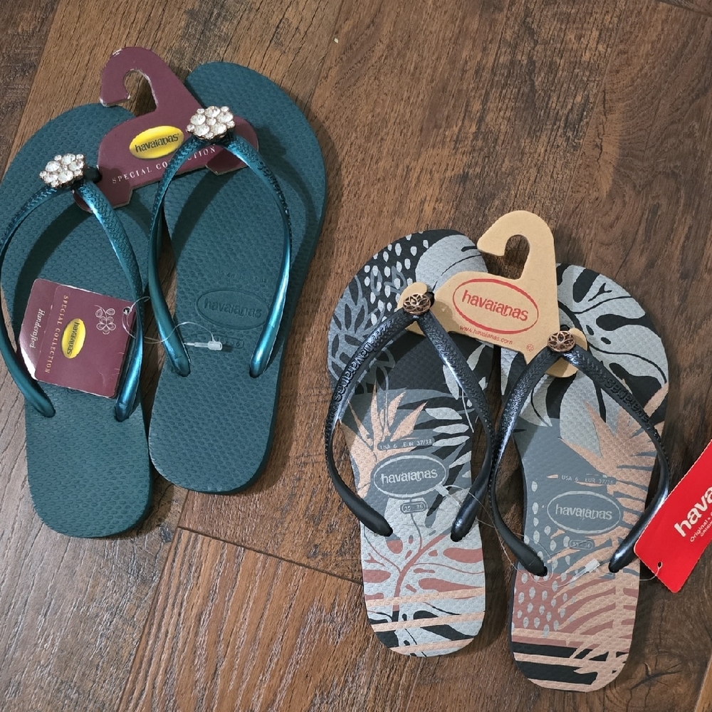 Havaianas Tropical Flip Flops - Teal and Black 2 Pairs